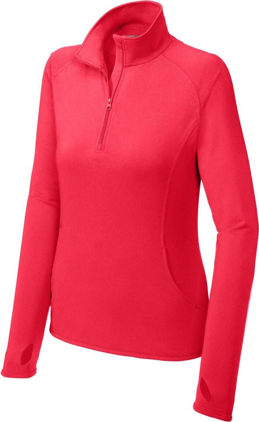 Front View of Hot Coral Sport-Tek Women's Sport-Wick Stretch 1/4-Zip Pullover. LST850