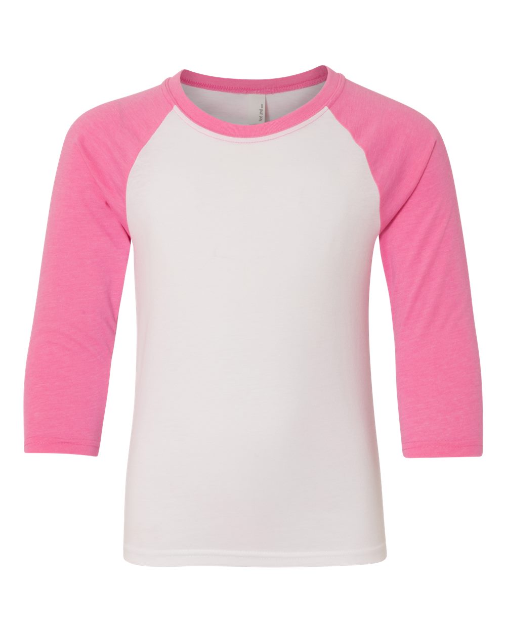 Front View of Hot Pink Sleeves/ White Body Youth CVC Three-Quarter Sleeve Raglan T-Shirt - 3352