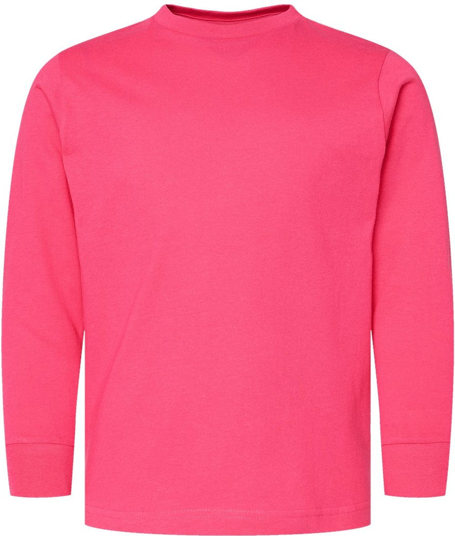 Front View of Hot Pink Youth Fine Jersey Long Sleeve Tee - 6201