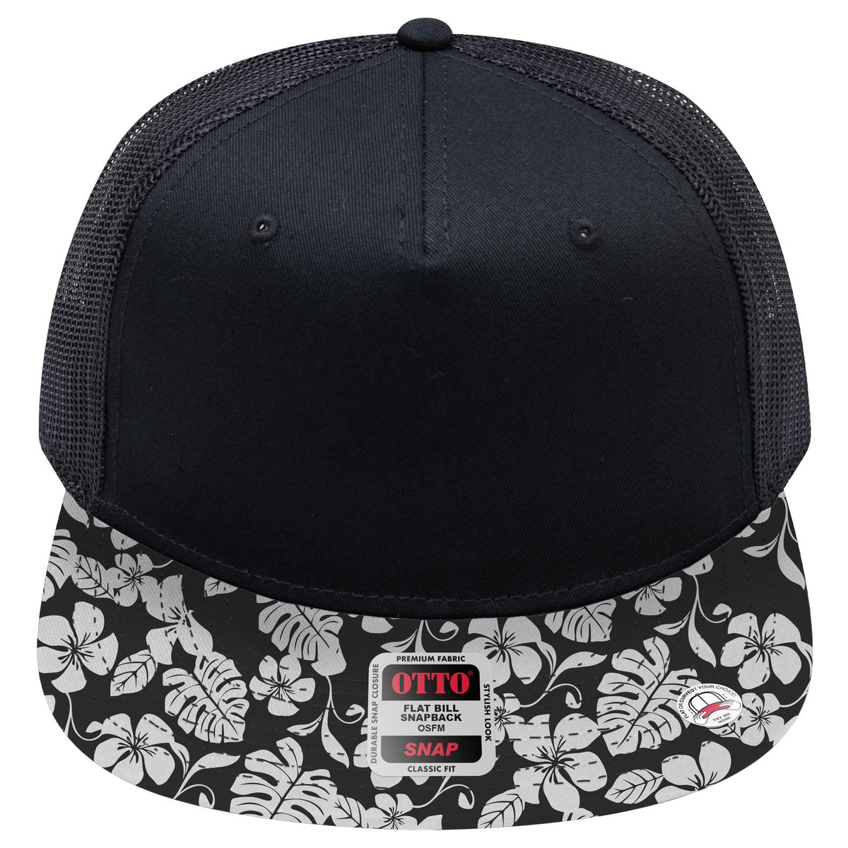 Front View of HP020303 - Design002/Blk/Blk OTTO CAP "OTTO SNAP" 5 Panel Pro Style Mesh Back Trucker Snapback Hat