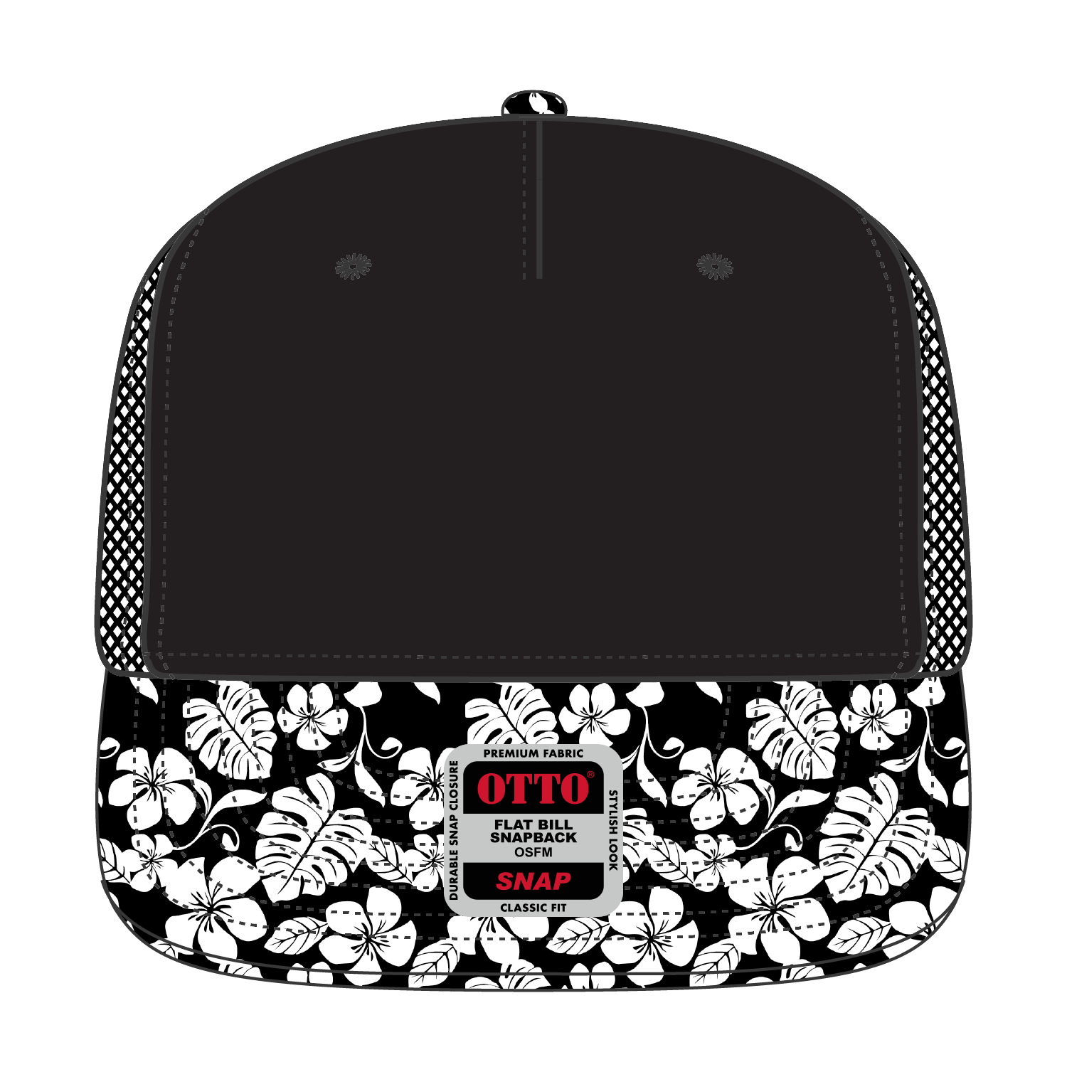 Front View of HP020303 - Design002/Blk/Blk OTTO CAP "OTTO SNAP" 5 Panel Pro Style Mesh Back Trucker Snapback Hat