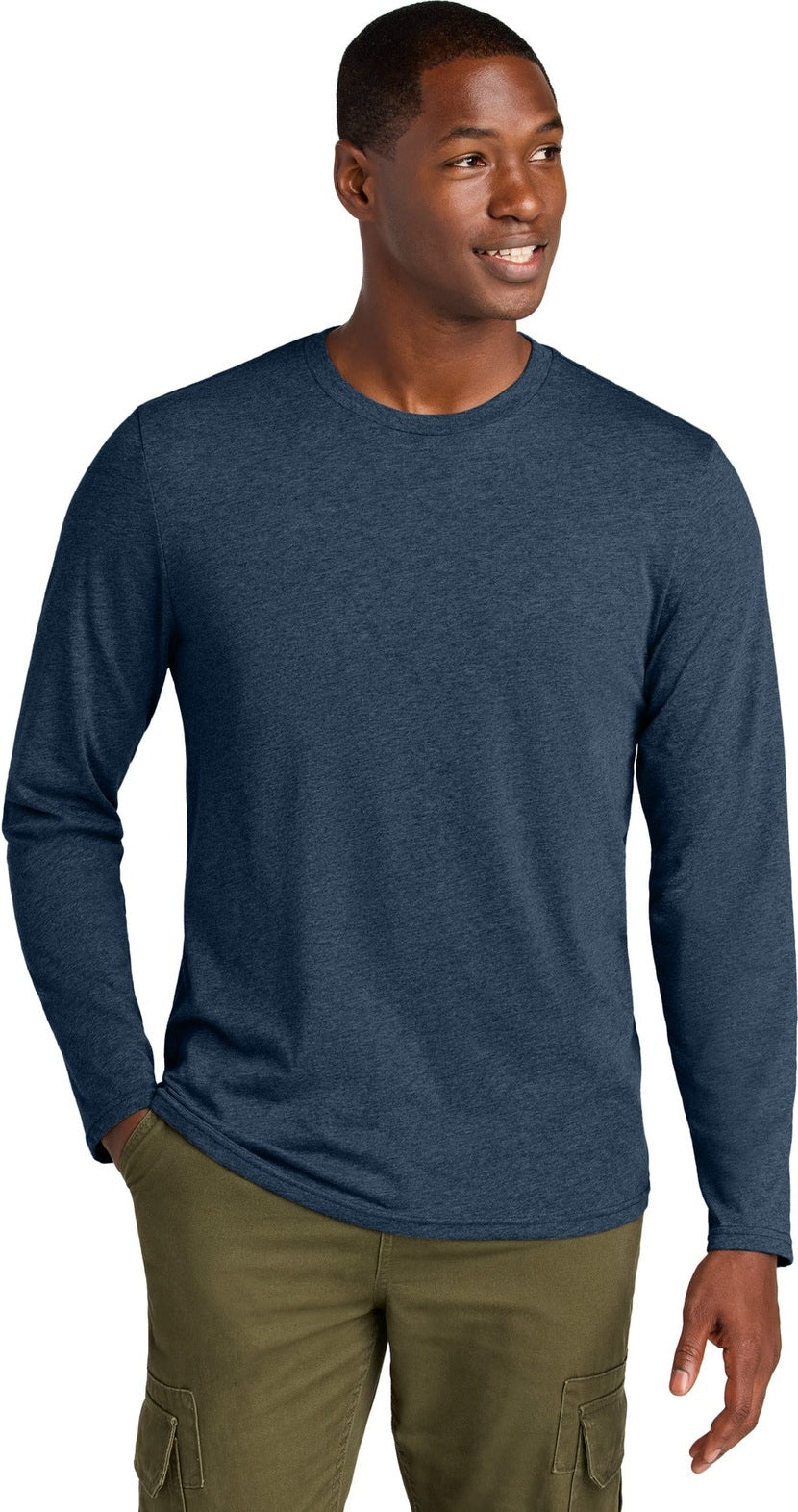 Front View of HtdNavy District Perfect Weight CVC Long Sleeve Tee DT185