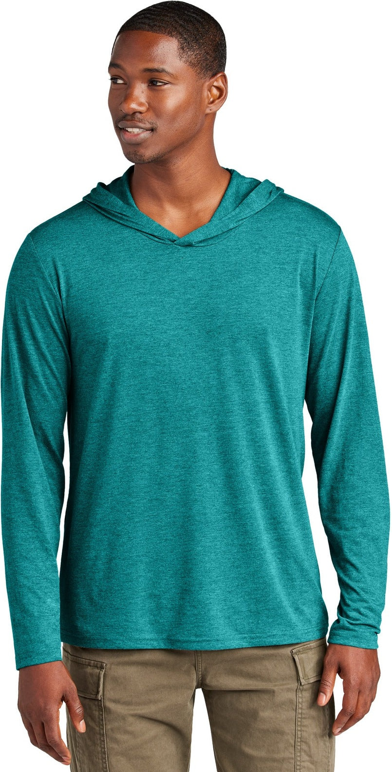 Front View of HtdTeal District Perfect Tri Long Sleeve Hoodie. DM139