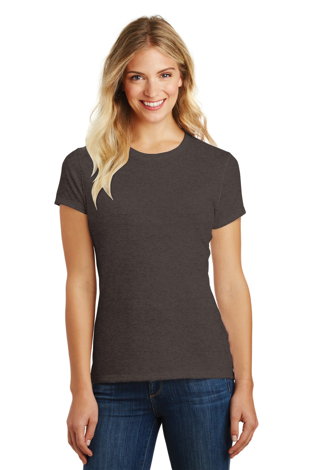 Front View of Hthr Brown District Women's Perfect Blend CVC Tee. DM108L