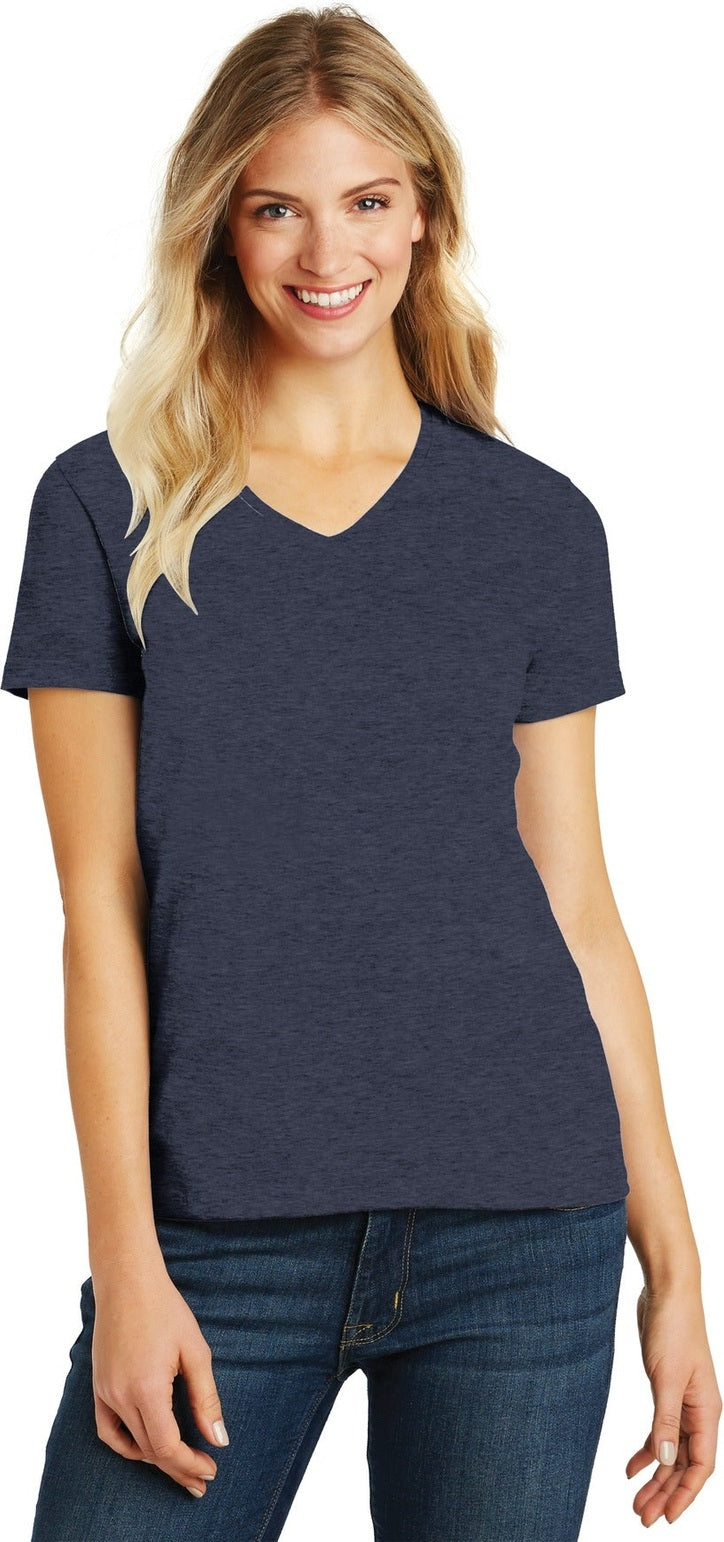 Front View of Hthr Navy District Women's Perfect Blend CVC V-Neck Tee. DM1190L