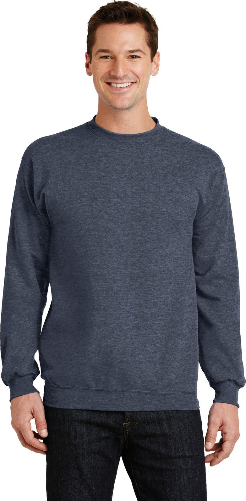 Front View of Hthr Navy Port & Co Core Fleece Crewneck Sweatshirt. PC78