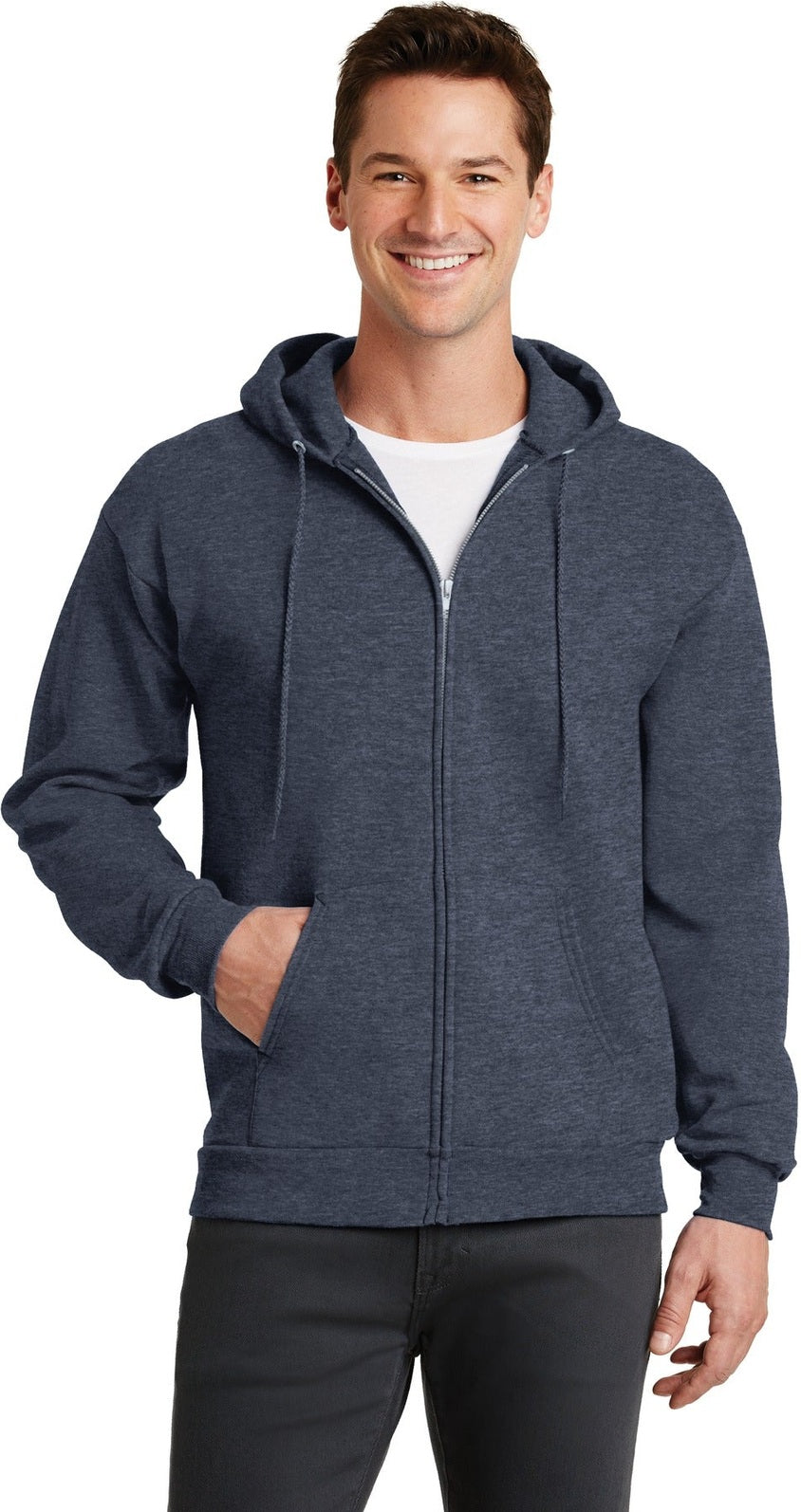 Front View of Hthr Navy Port & Co Core Fleece Full-Zip Hooded Sweatshirt. PC78ZH