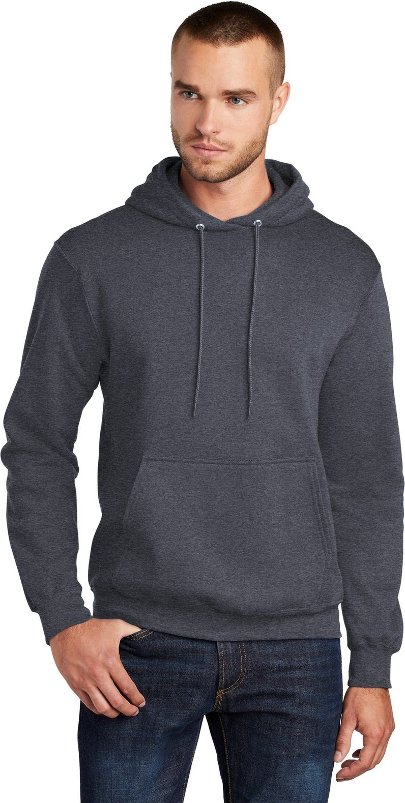 Front View of Hthr Navy Port & Co Core Fleece Pullover Hooded Sweatshirt. PC78H