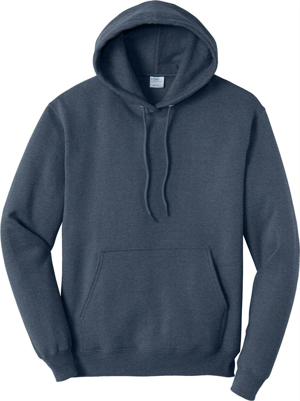 Front View of Hthr Navy Port & Co Core Fleece Pullover Hooded Sweatshirt. PC78H