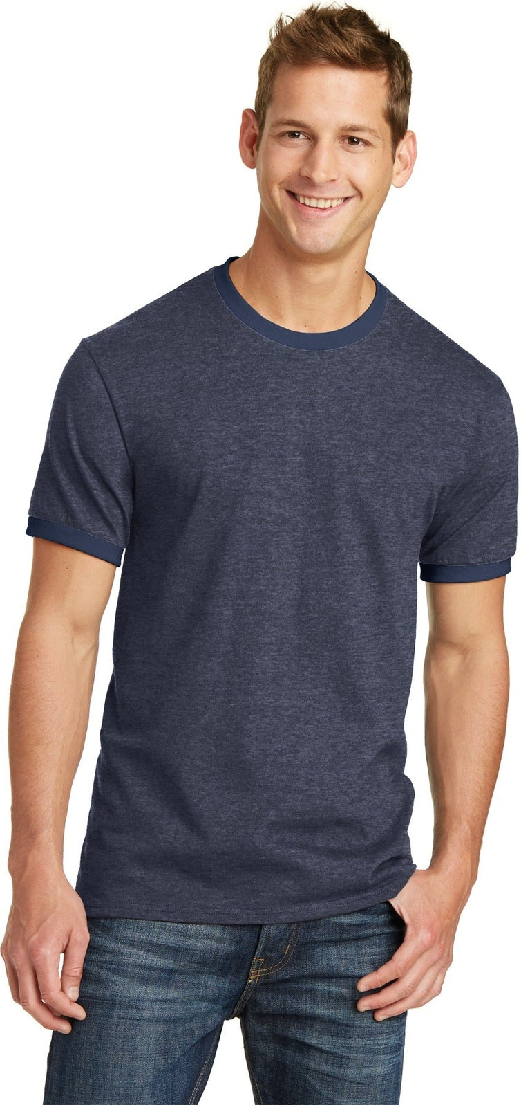Front View of Hthr Navy/Navy Port & Co Core Cotton Ringer Tee. PC54R