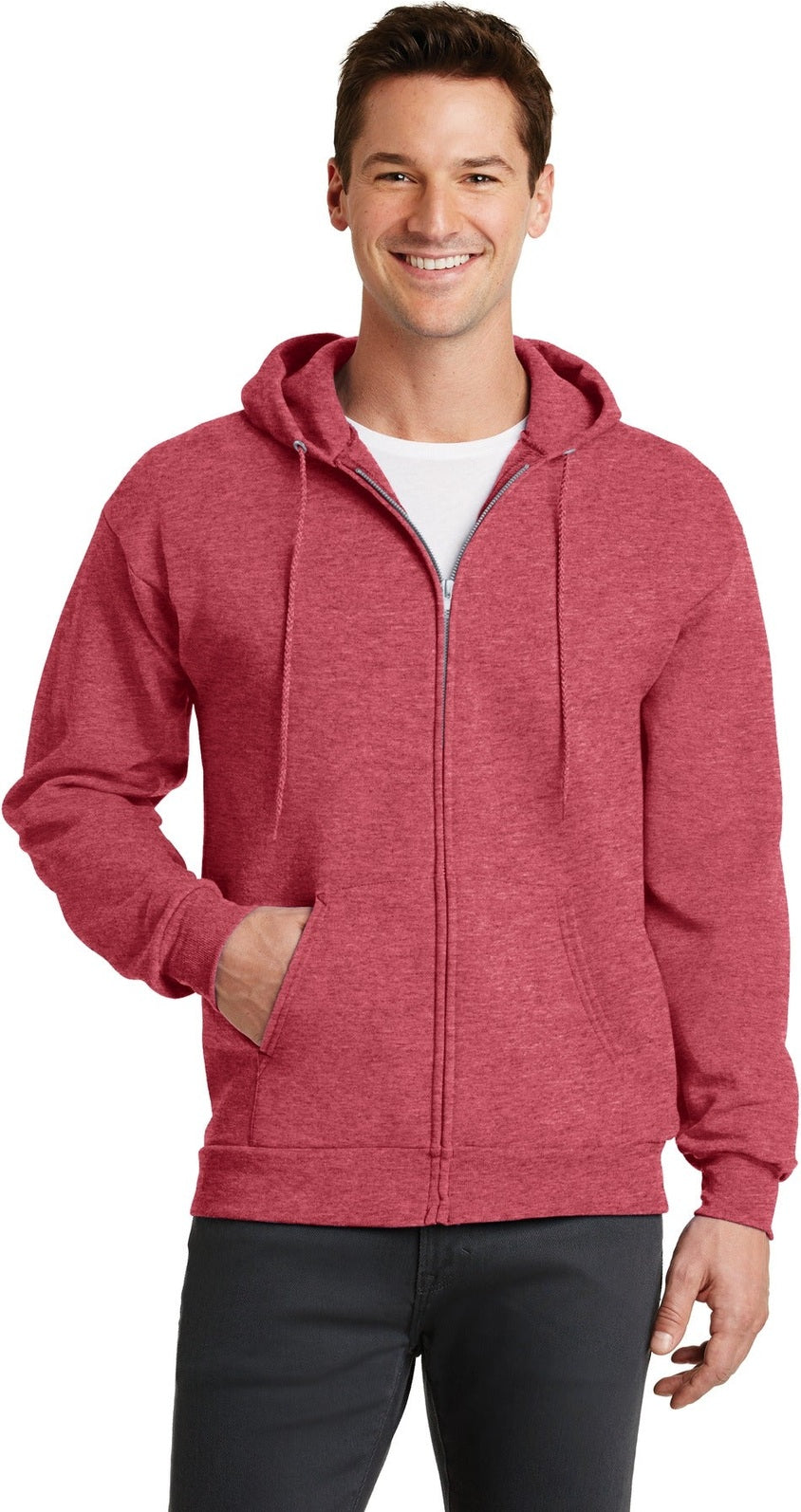 Front View of Hthr Red Port & Co Core Fleece Full-Zip Hooded Sweatshirt. PC78ZH