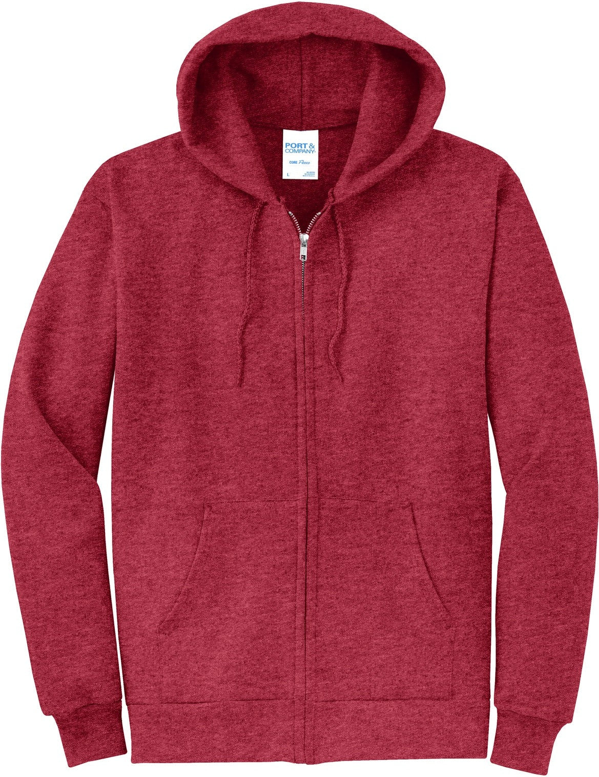 Front View of Hthr Red Port & Co Core Fleece Full-Zip Hooded Sweatshirt. PC78ZH