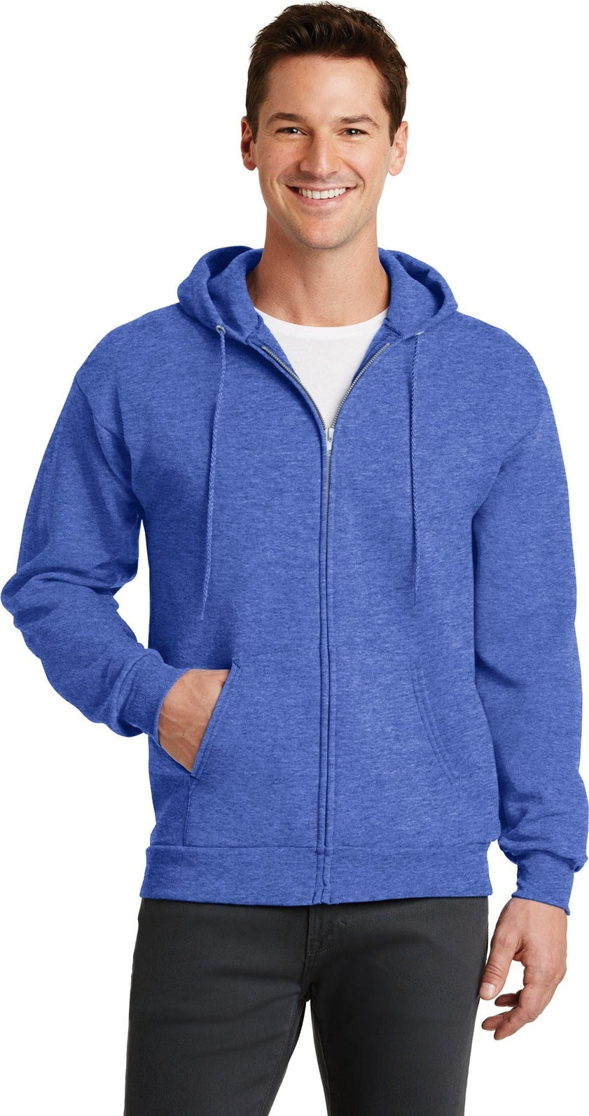 Front View of Hthr Royal Port & Co Core Fleece Full-Zip Hooded Sweatshirt. PC78ZH