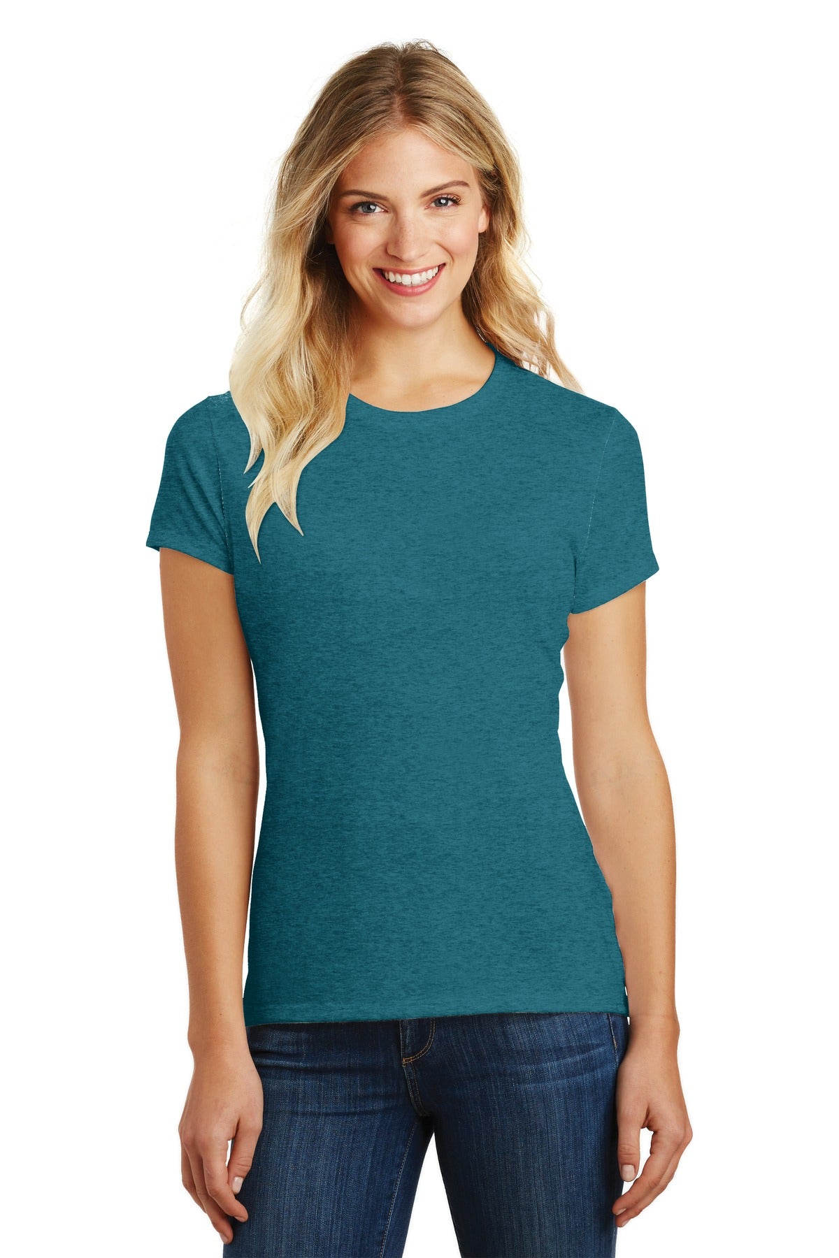 Front View of Hthr Teal District Women's Perfect Blend CVC Tee. DM108L