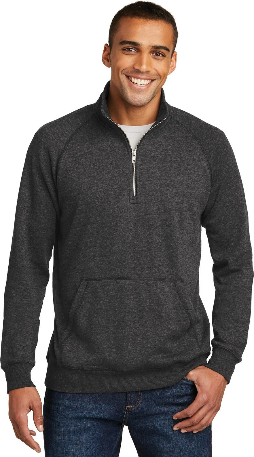 Front View of Hthrd Black District Lightweight Fleece 1/4-Zip. DM392