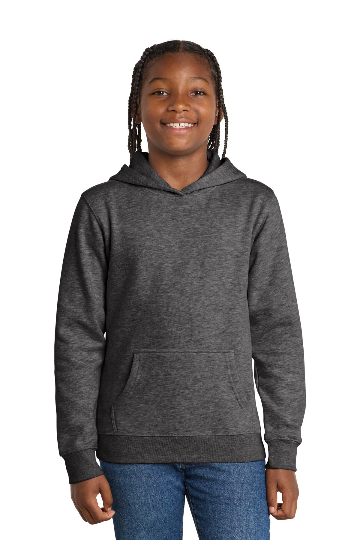 Front View of Hthrd Charcoal District Youth V.I.T. Fleece Hoodie DT6100Y