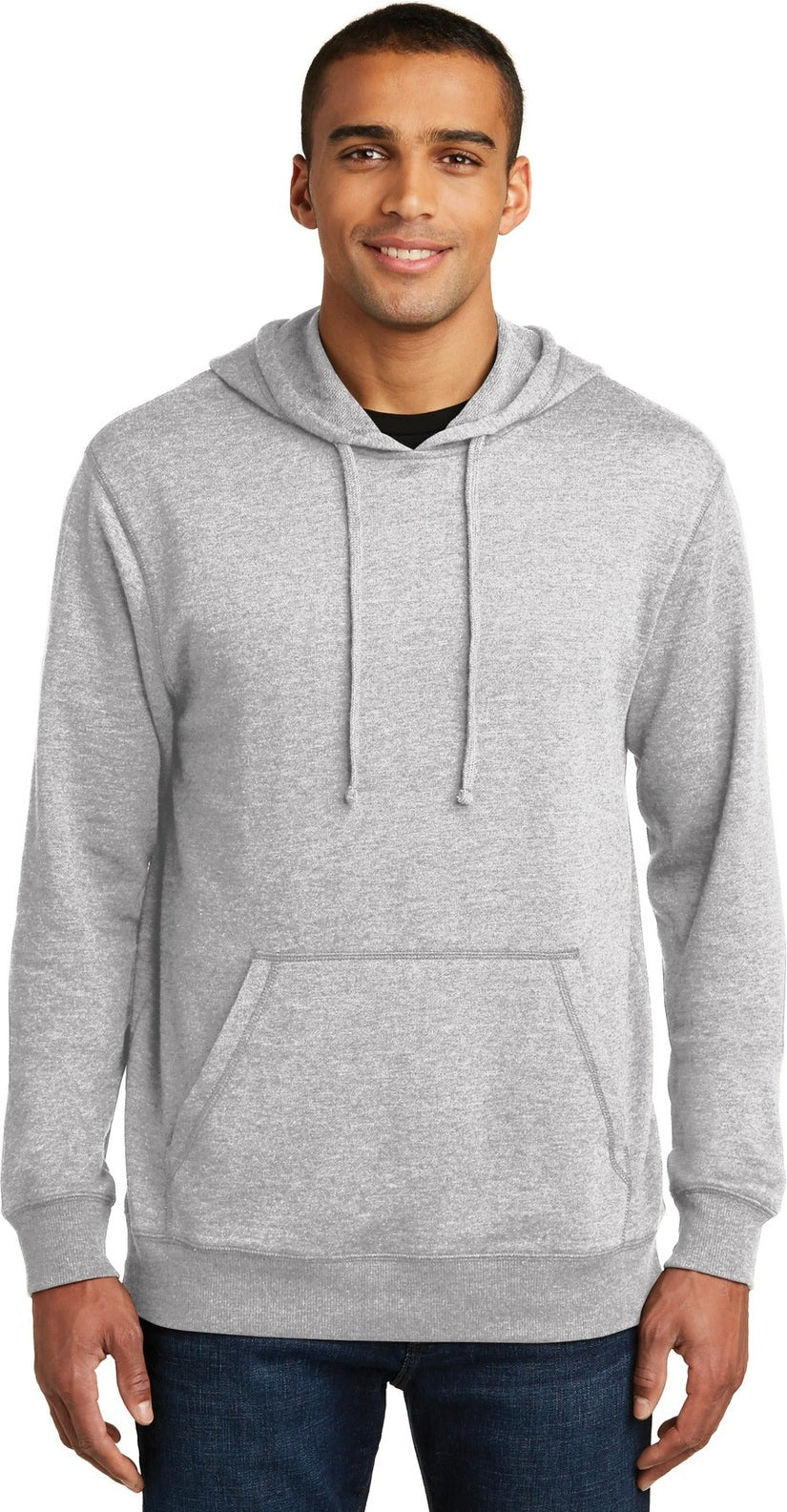 Front View of Hthrd Grey District Lightweight Fleece Hoodie. DM391