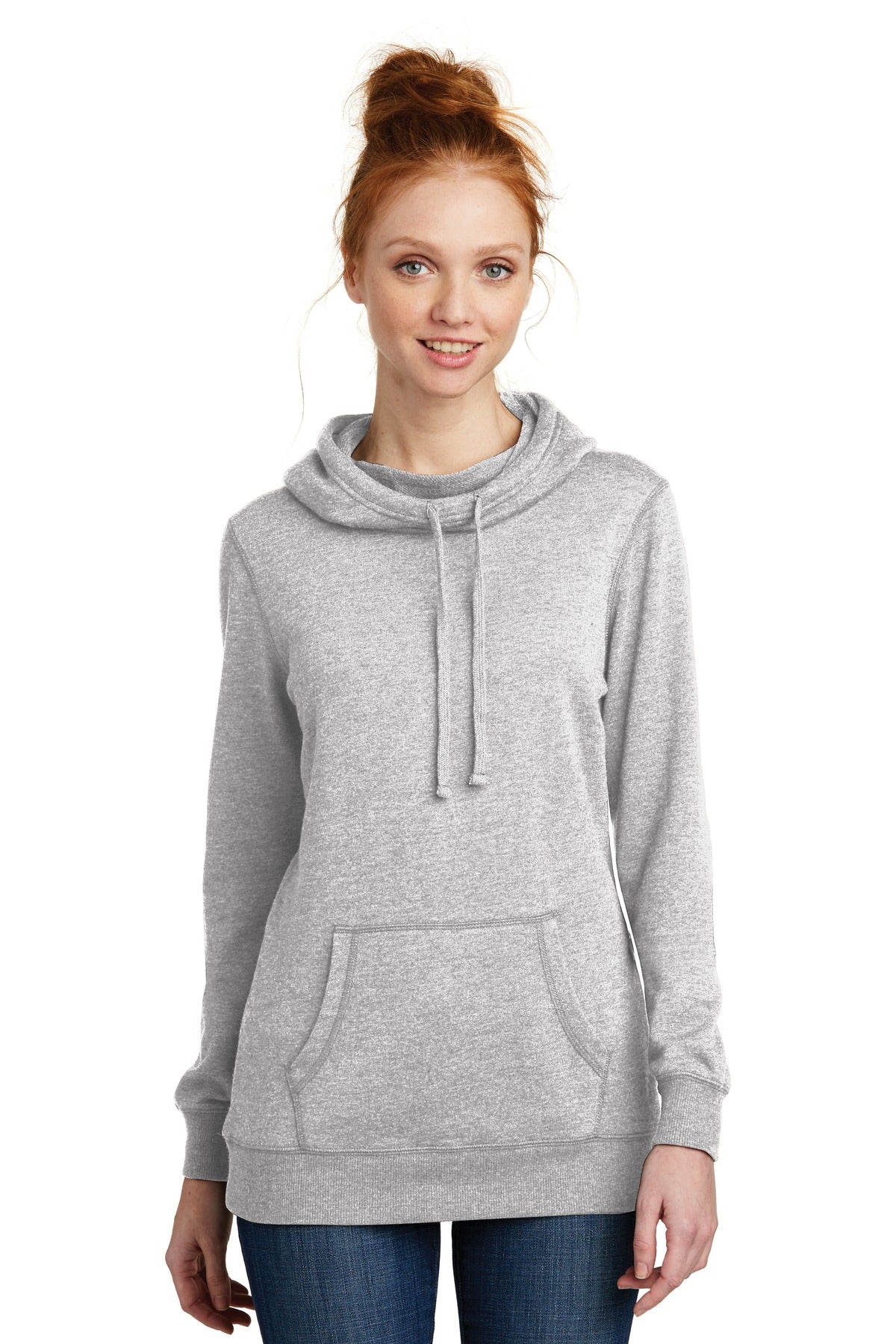 Front View of Hthrd Grey District Women's Lightweight Fleece Hoodie. DM493