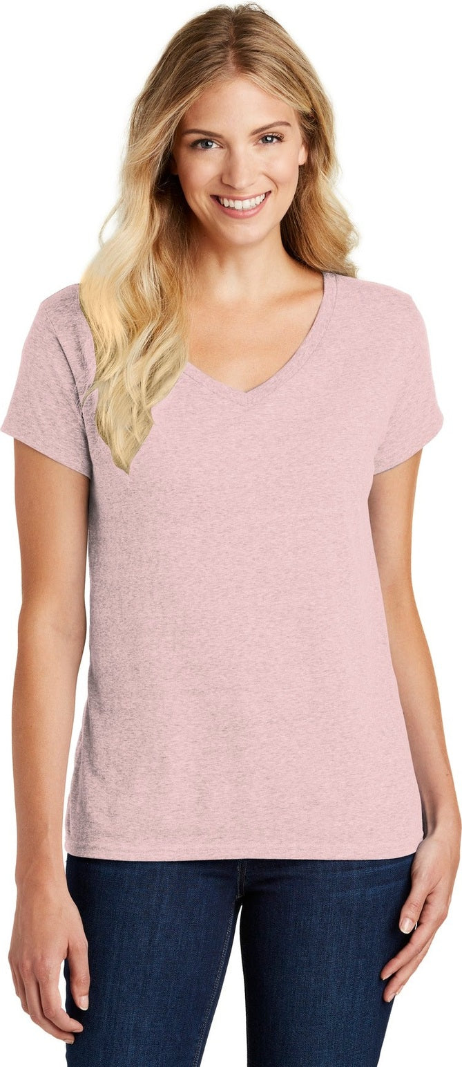 Front View of Hthrd Lavender District Women's Perfect Blend CVC V-Neck Tee. DM1190L