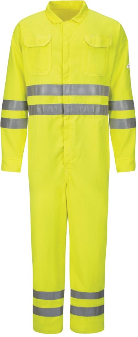 Front View of HV-Fluorescent Yellow/ Green Hi-Vis Deluxe Coverall with Reflective Trim - CoolTouch® 2 - 7 oz. - Tall Sizes - CMD8T