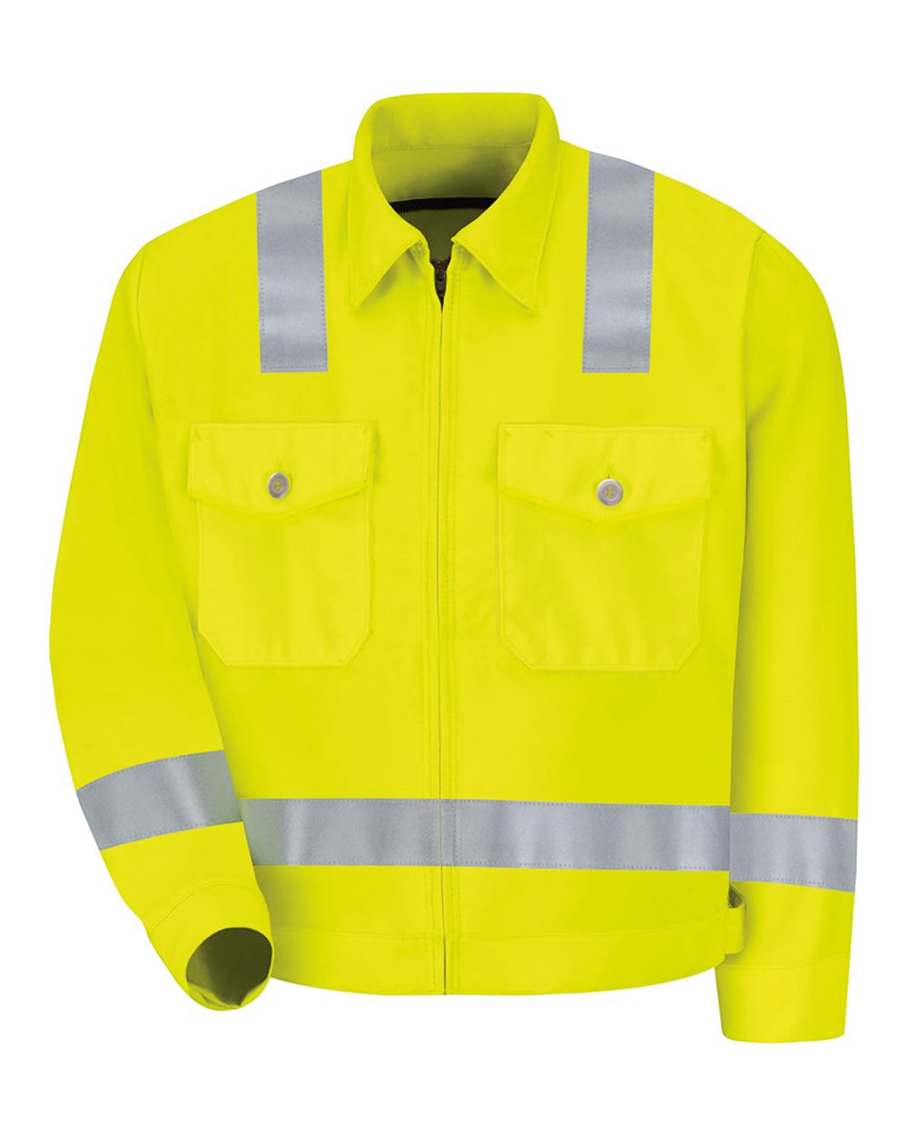 Front View of HV-Fluorescent Yellow/ Green Hi-Visibility Ike Jacket - JY32