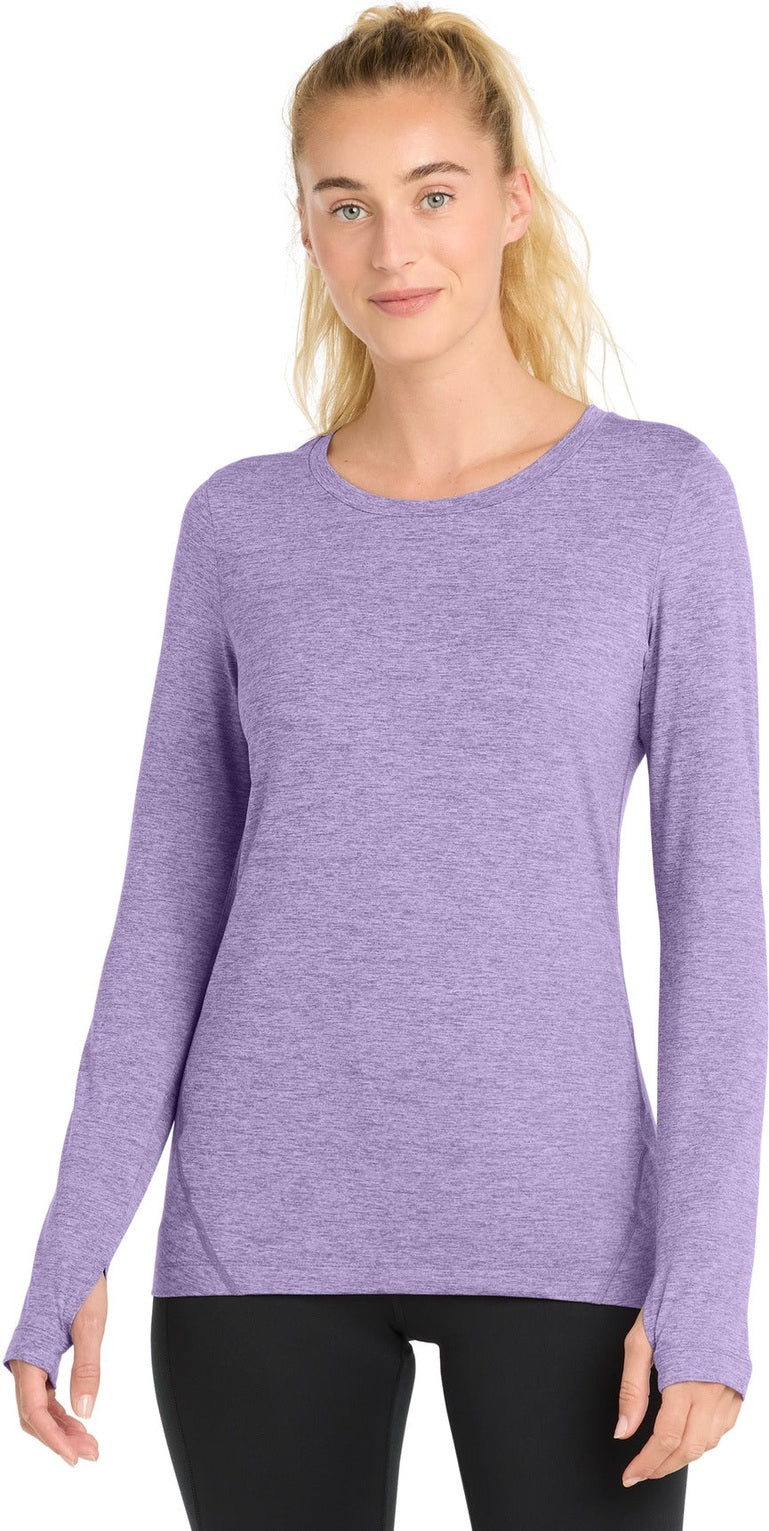Front View of Hyacinth Hthr Sport-Tek Women's Exchange 1.5 Long Sleeve Crew LST710