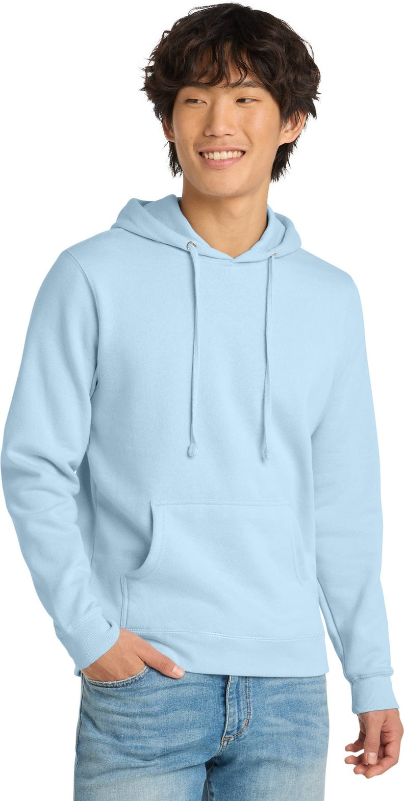 Front View of Ice Blue District V.I.T. Fleece Hoodie DT6100