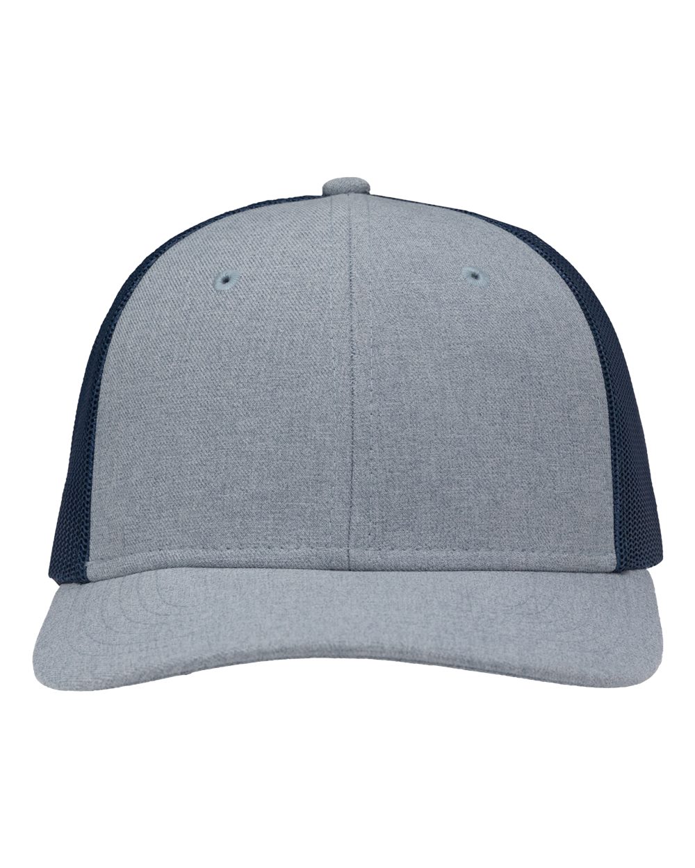 Front View of Ice Blue Heather/ Navy Modern Six-Panel Trucker Fit Cap - SP1650