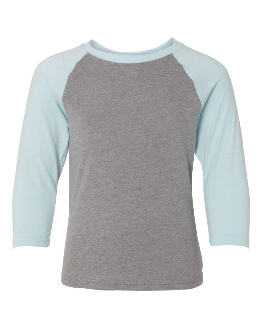 Front View of Ice Blue Sleeves/ Dark Heather Grey Body Youth CVC Three-Quarter Sleeve Raglan T-Shirt - 3352