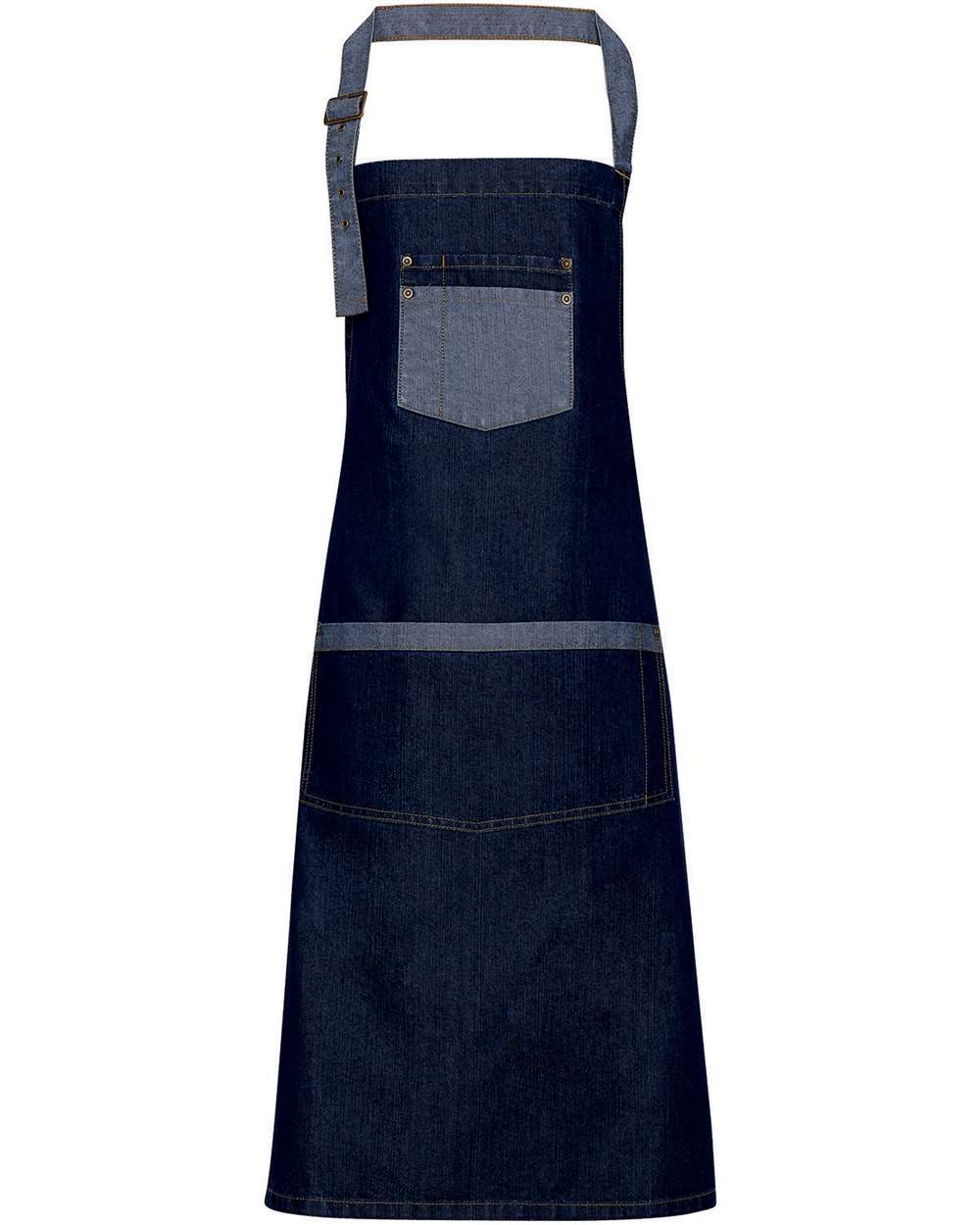 Front View of Indigo Denim Domain Contrast Denim Bib Apron with Pockets - RP127