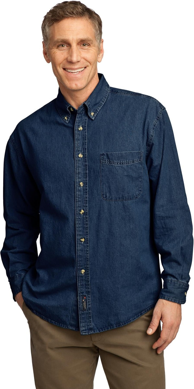 Front View of Ink Port & Co Long Sleeve Value Denim Shirt. SP10