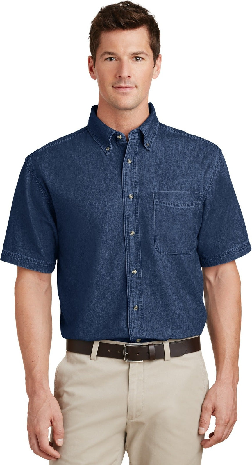 Front View of Ink Port & Co Short Sleeve Value Denim Shirt. SP11
