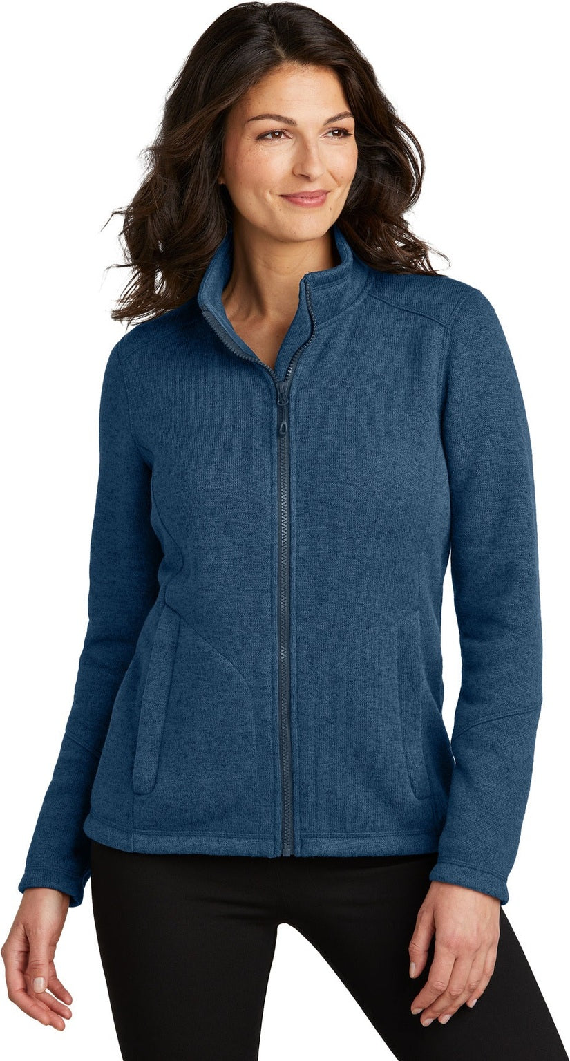 Front View of InsigBlHtr Port Authority Women's Arc Sweater Fleece Jacket L428