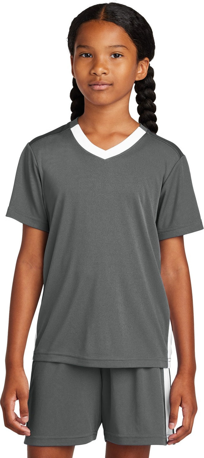 Front View of IrGy/White Sport-Tek Youth Competitor United V-Neck YST101