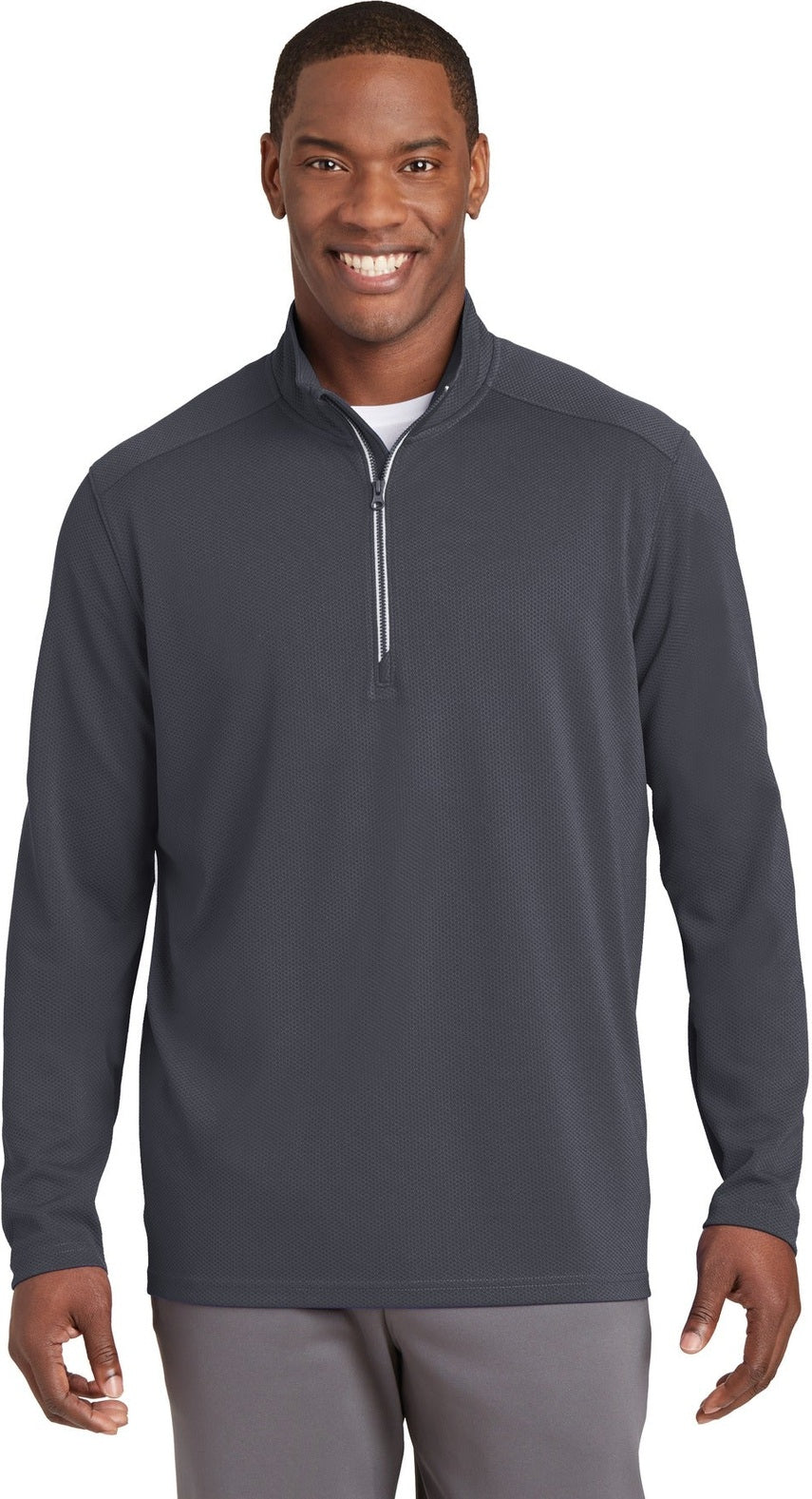 Front View of Iron Grey Sport-Tek Sport-Wick Textured 1/4-Zip Pullover. ST860
