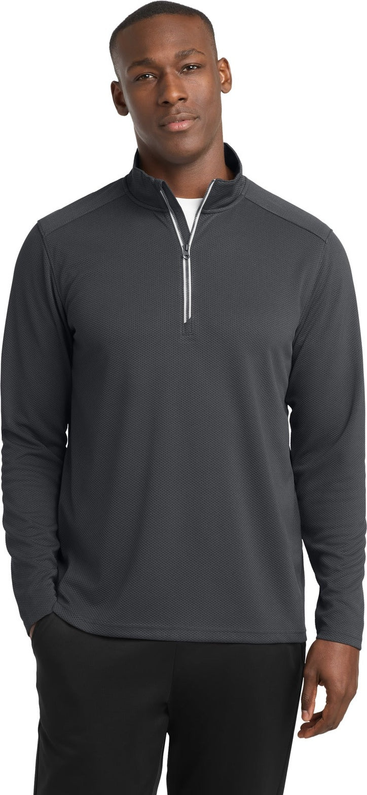 Front View of Iron Grey Sport-Tek Sport-Wick Textured 1/4-Zip Pullover. ST860