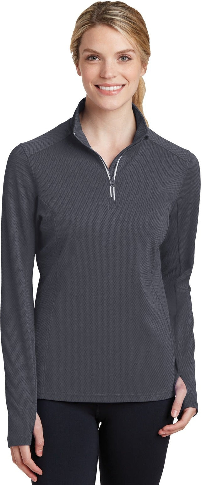 Front View of Iron Grey Sport-Tek Women's Sport-Wick Textured 1/4-Zip Pullover. LST860