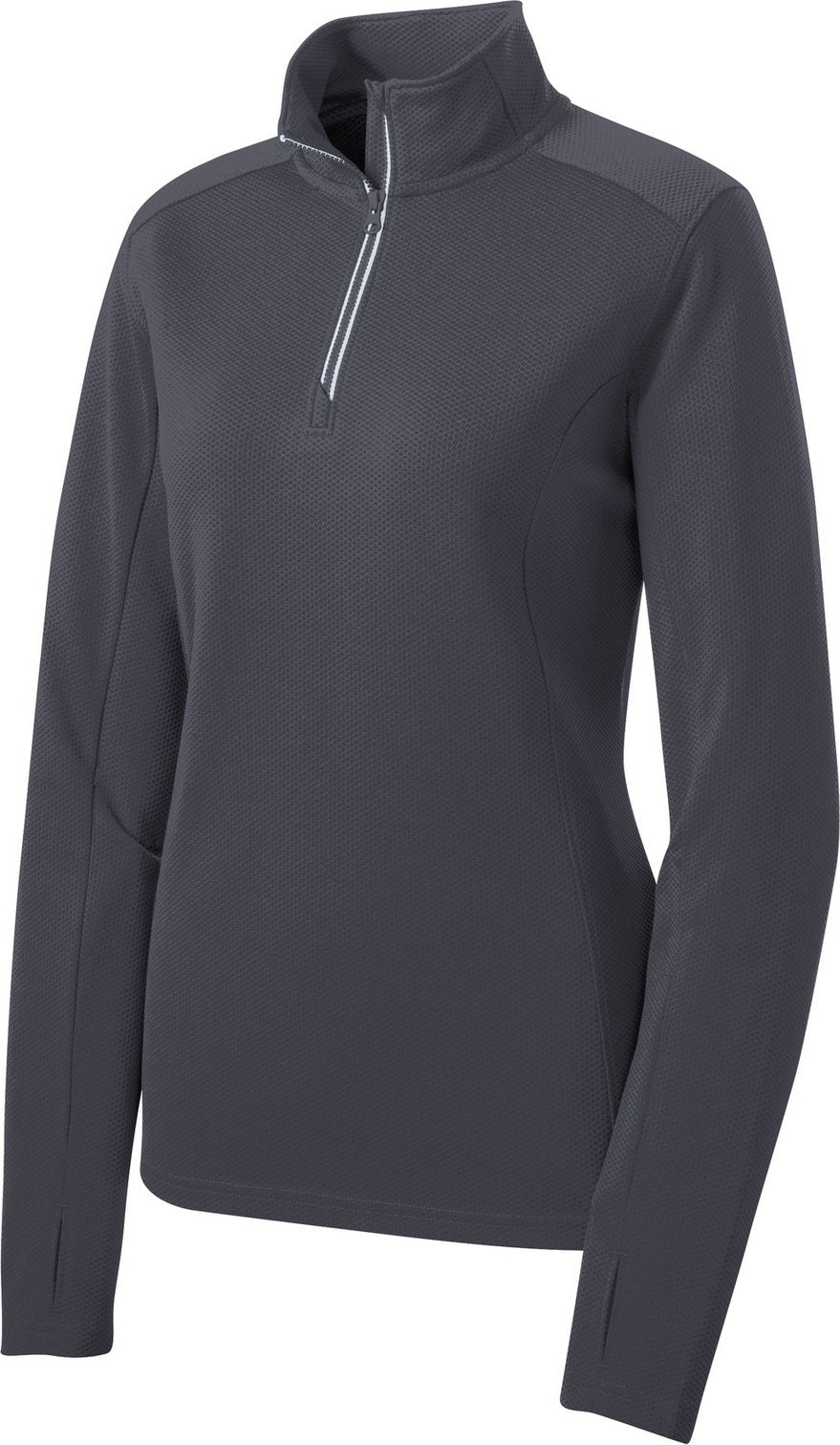 Front View of Iron Grey Sport-Tek Women's Sport-Wick Textured 1/4-Zip Pullover. LST860