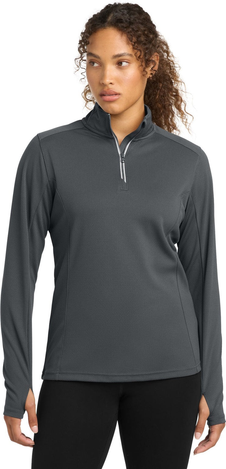Front View of Iron Grey Sport-Tek Women's Sport-Wick Textured 1/4-Zip Pullover. LST860