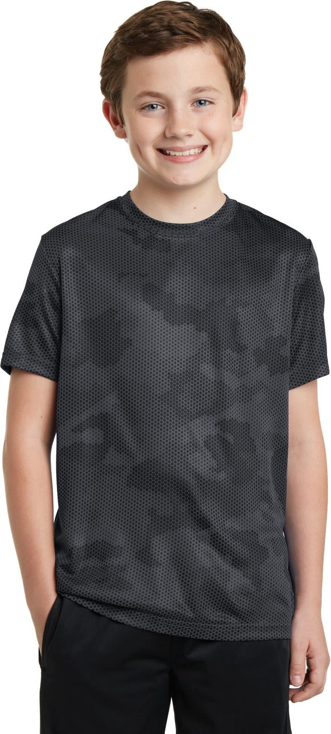 Front View of Iron Grey Sport-Tek Youth CamoHex Tee. YST370