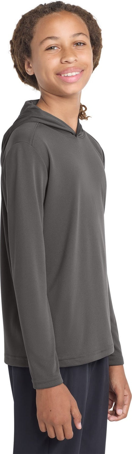 Front View of Iron Grey Sport-Tek Youth PosiCharge Competitor Hooded Pullover. YST358