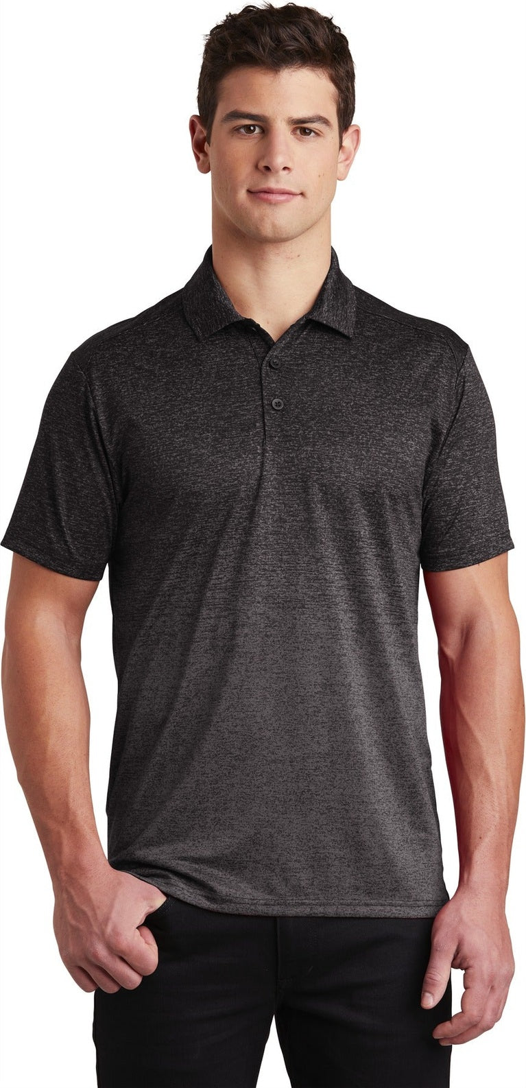 Front View of Iron Grey/Blk Sport-Tek Ombre Heather Polo. ST671