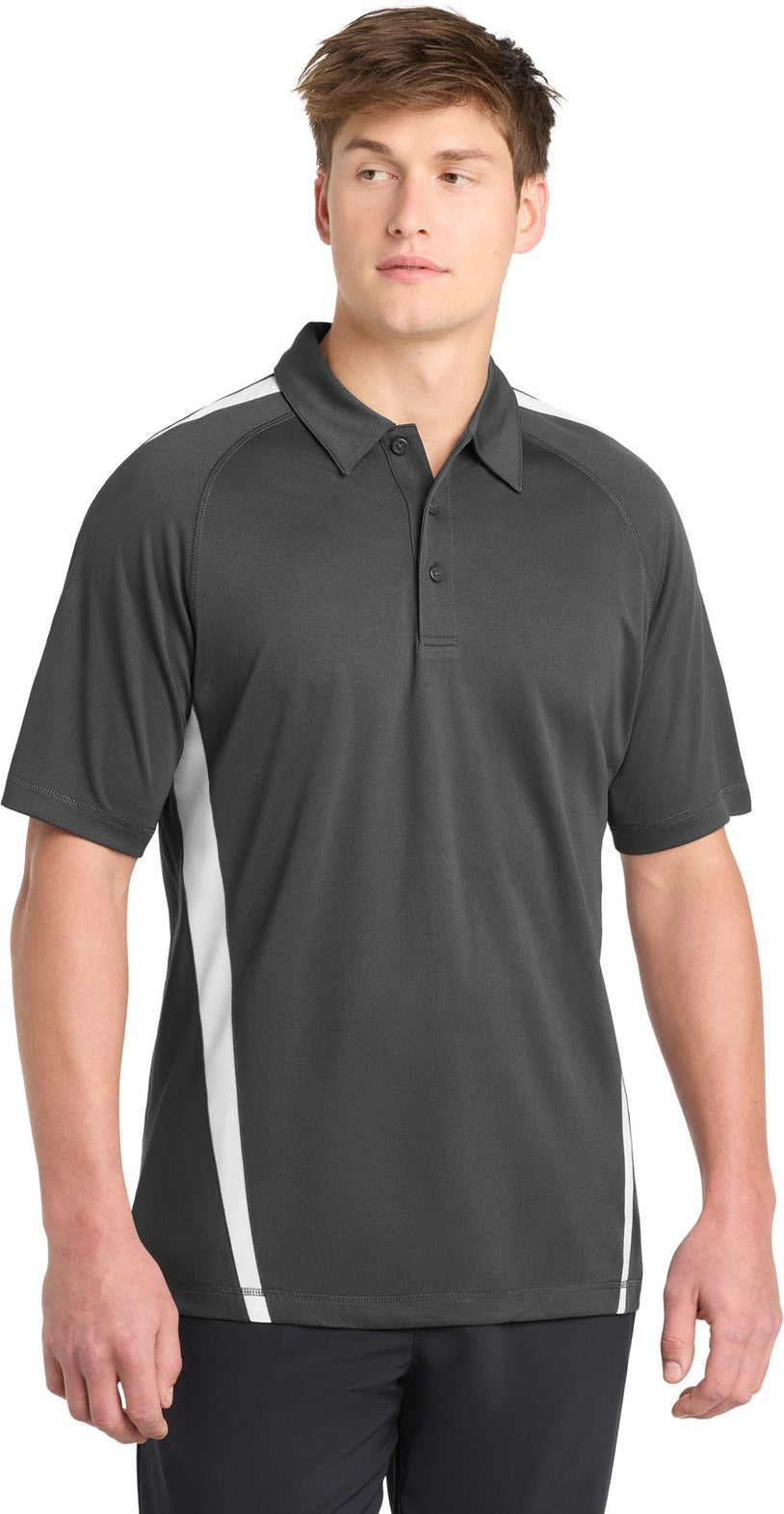 Front View of Iron Grey/Wht Sport-Tek PosiCharge Micro-Mesh Colorblock Polo. ST685