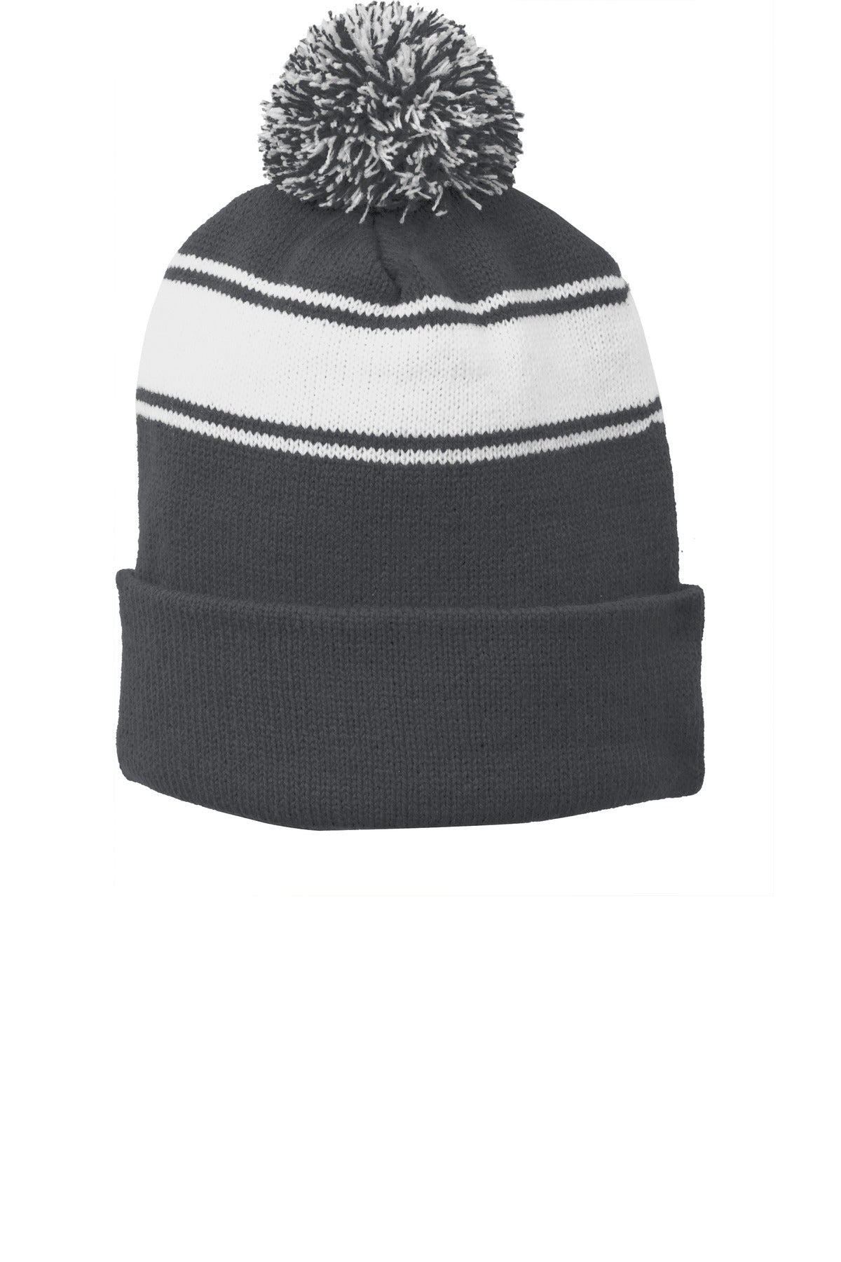 Front View of Iron Grey/Wht Sport-Tek Stripe Pom Pom Beanie. STC28