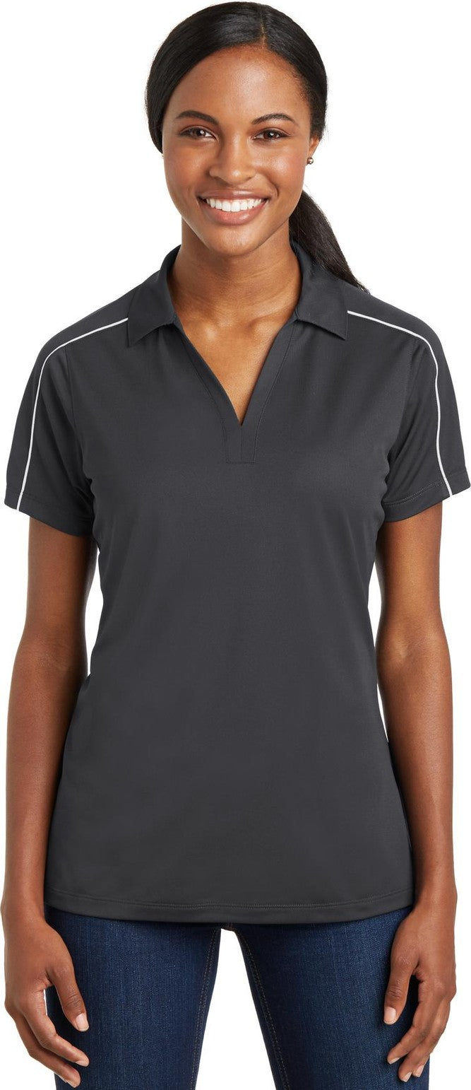 Front View of Iron Grey/Wht Sport-Tek Women's Micropique Sport-Wick Piped Polo. LST653