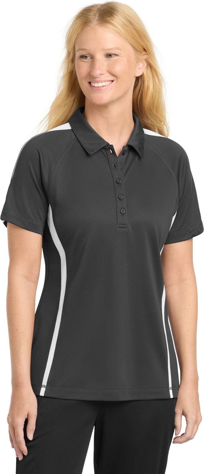 Front View of Iron Grey/Wht Sport-Tek Women's PosiCharge Micro-Mesh Colorblock Polo. LST685