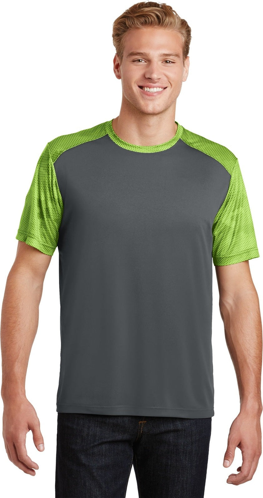 Front View of Iron Gry/LimeS Sport-Tek CamoHex Colorblock Tee. ST371