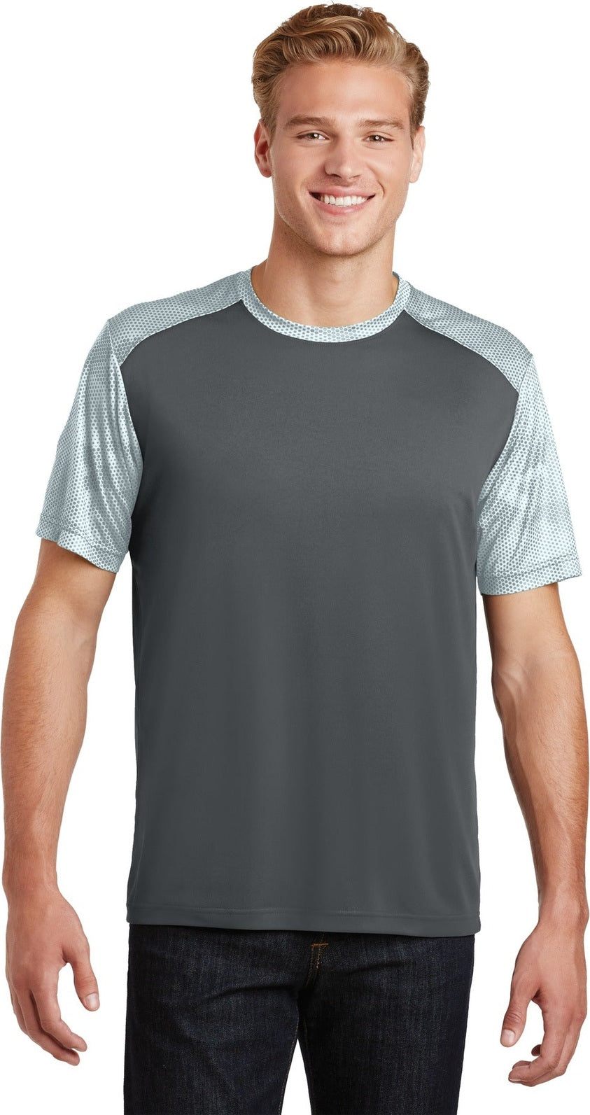 Front View of Iron Gry/White Sport-Tek CamoHex Colorblock Tee. ST371