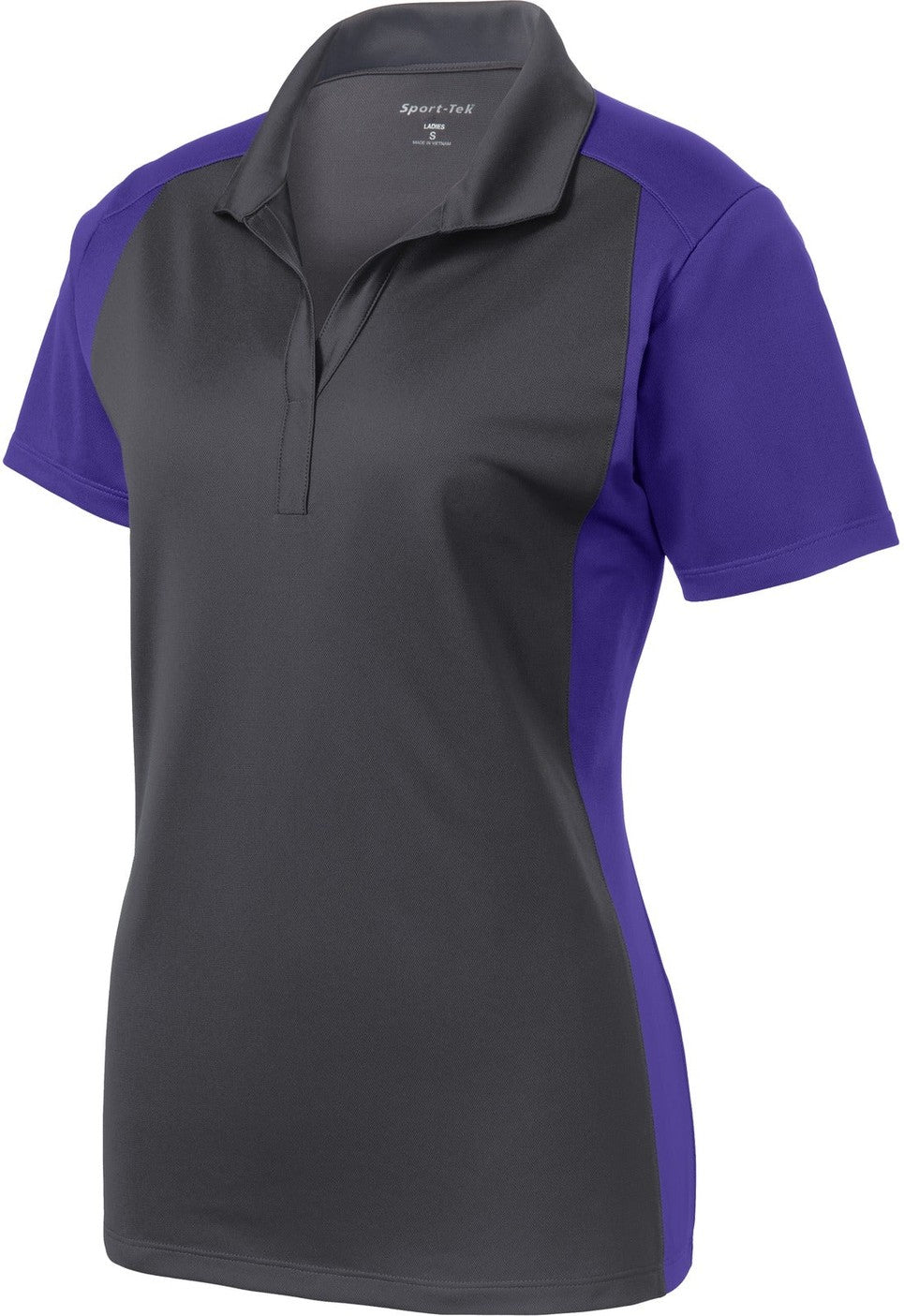 Front View of Iron Gy/Purple Sport-Tek Women's Colorblock Micropique Sport-Wick Polo. LST652