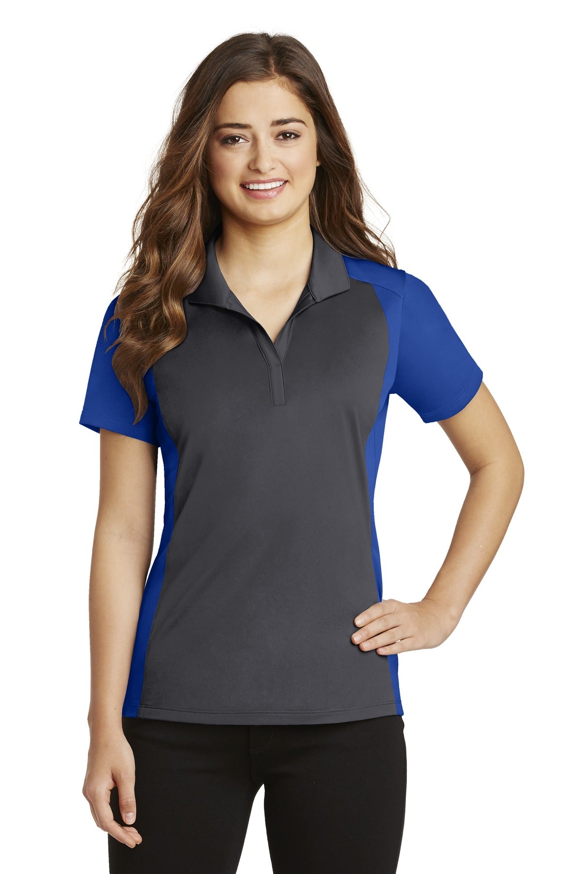 Front View of Iron Gy/Tr Roy Sport-Tek Women's Colorblock Micropique Sport-Wick Polo. LST652